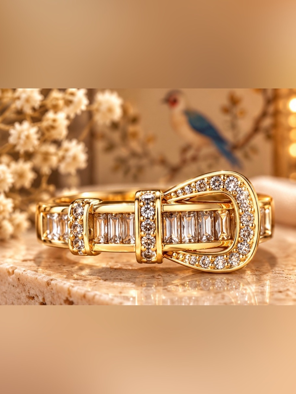 Crystal Buckle Statement Ring Gold Tone Rhinestone Cocktail Jewelry